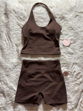 Posie Active Brown Halter Crop Top & High-Waist Shorts Workout Set